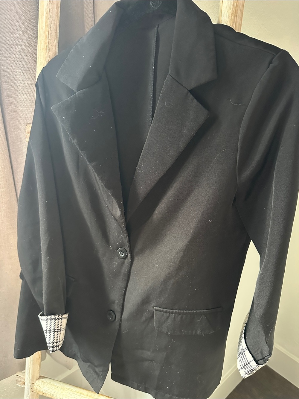 SHEIN Black Women’s Tailored Blazer Jacket with Plaid Cuff Detail